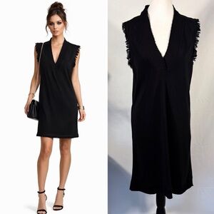 Maven West Black Frayed Sleeve Ribbed V Neck Shift Dress Small💚